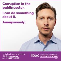 Digital banner of a younger man with the words 'corruption in the public sector. I can do something about it. Anonymously'