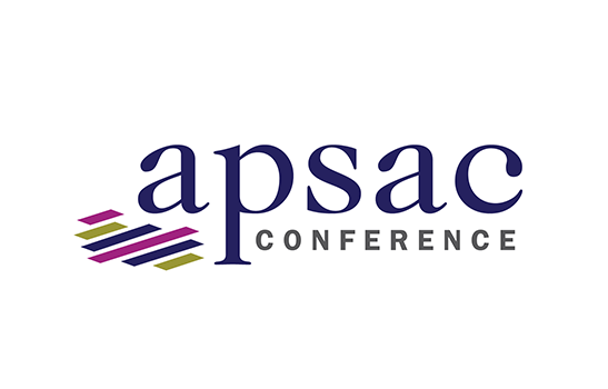 a series of rectangles on an angle in dull colours ranging from purple to blue and green. 'APSAC conference'' imposed above rectangles