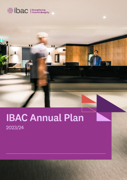 A report cover featuring a blurred image of someone walking through the foyer of IBAC