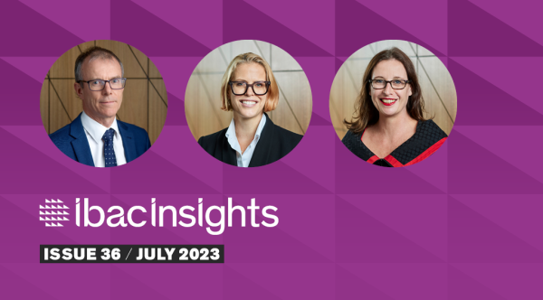 ibac insights banner, showing 3 executive members on a purple background. Text reads publication date: July 2023