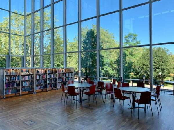 A generic school library with glass walls