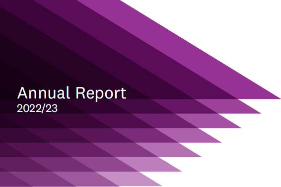 A series of purple triangles overlapping each other, with the words 'annual report, 2022/23' imposed in white on top of them